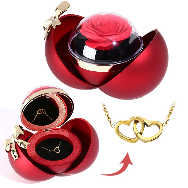 Eternal Rose Box - Engraved Double Heart Necklace