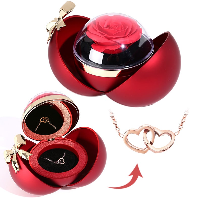 Eternal Rose Box - Engraved Double Heart Necklace